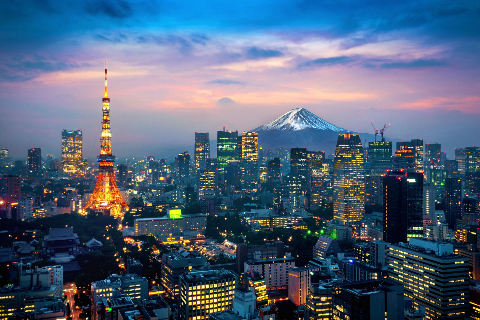 Aerial view of Tokyo cityscape with Fuji mountain in Japan.