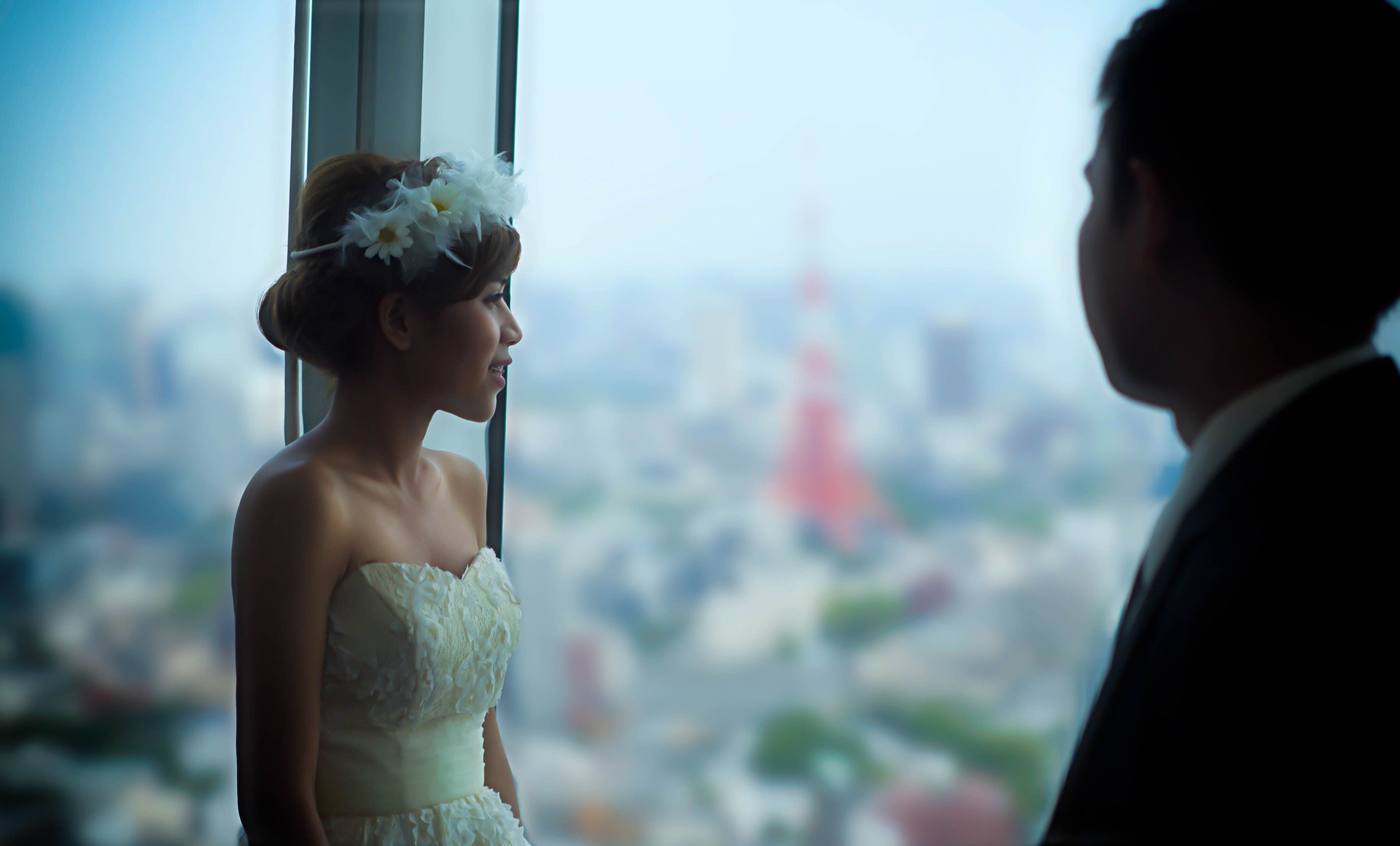 The bride and groom have a romantic moment